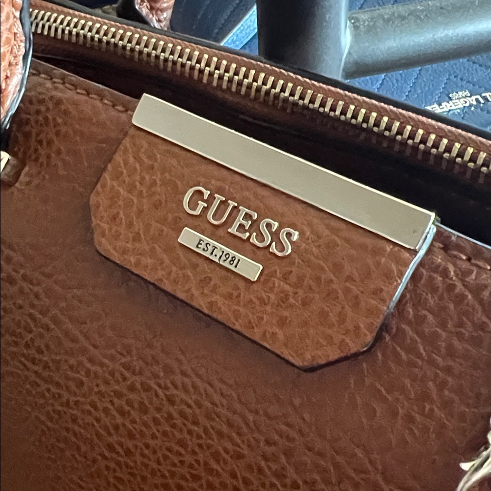 Guess Faux Leather Tan Rich Cognac Brown Structured Satchel Tote Bag - Picture 16 of 16